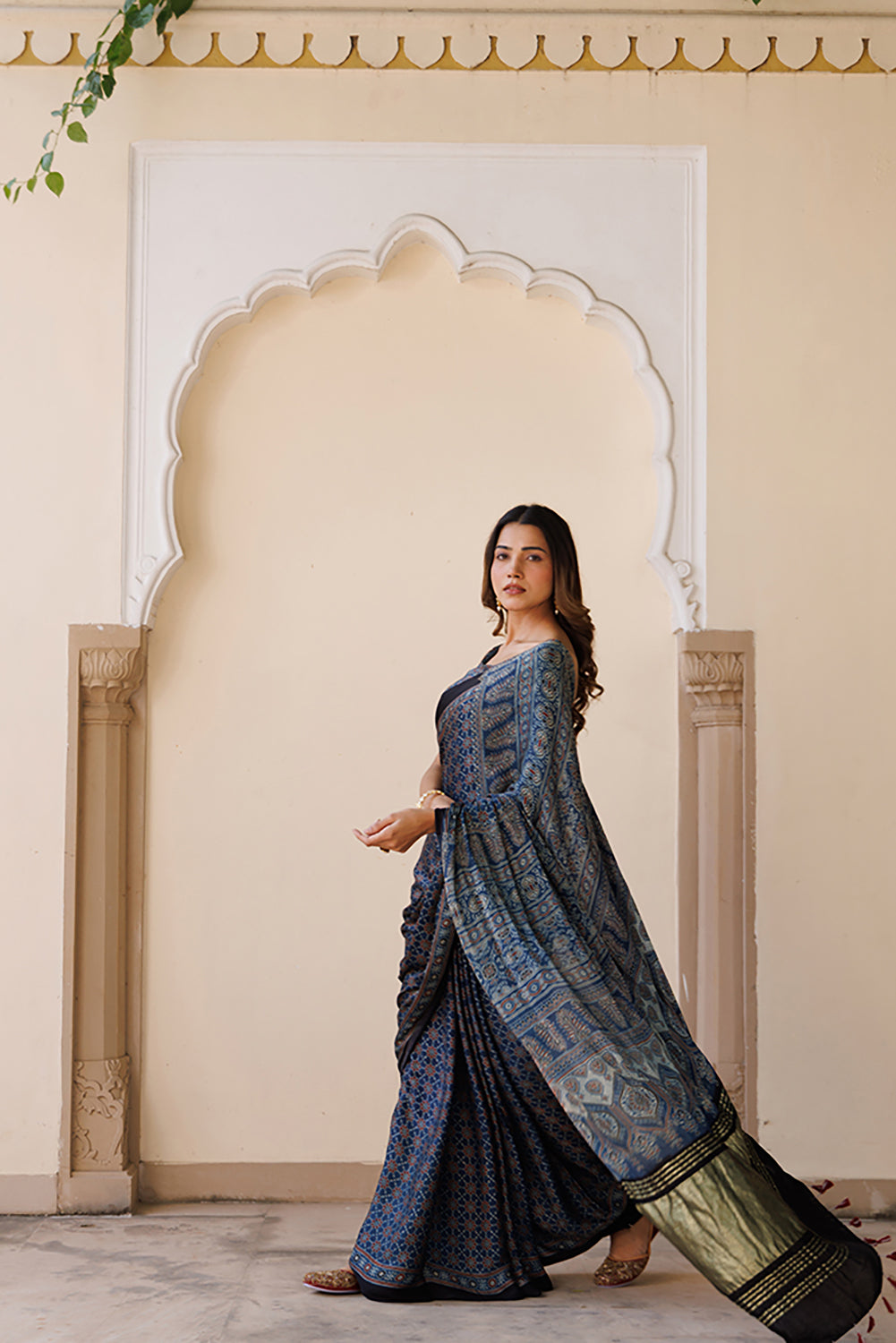 Modal Silk Saree Indigo with Hand-Block Ajrakh Print