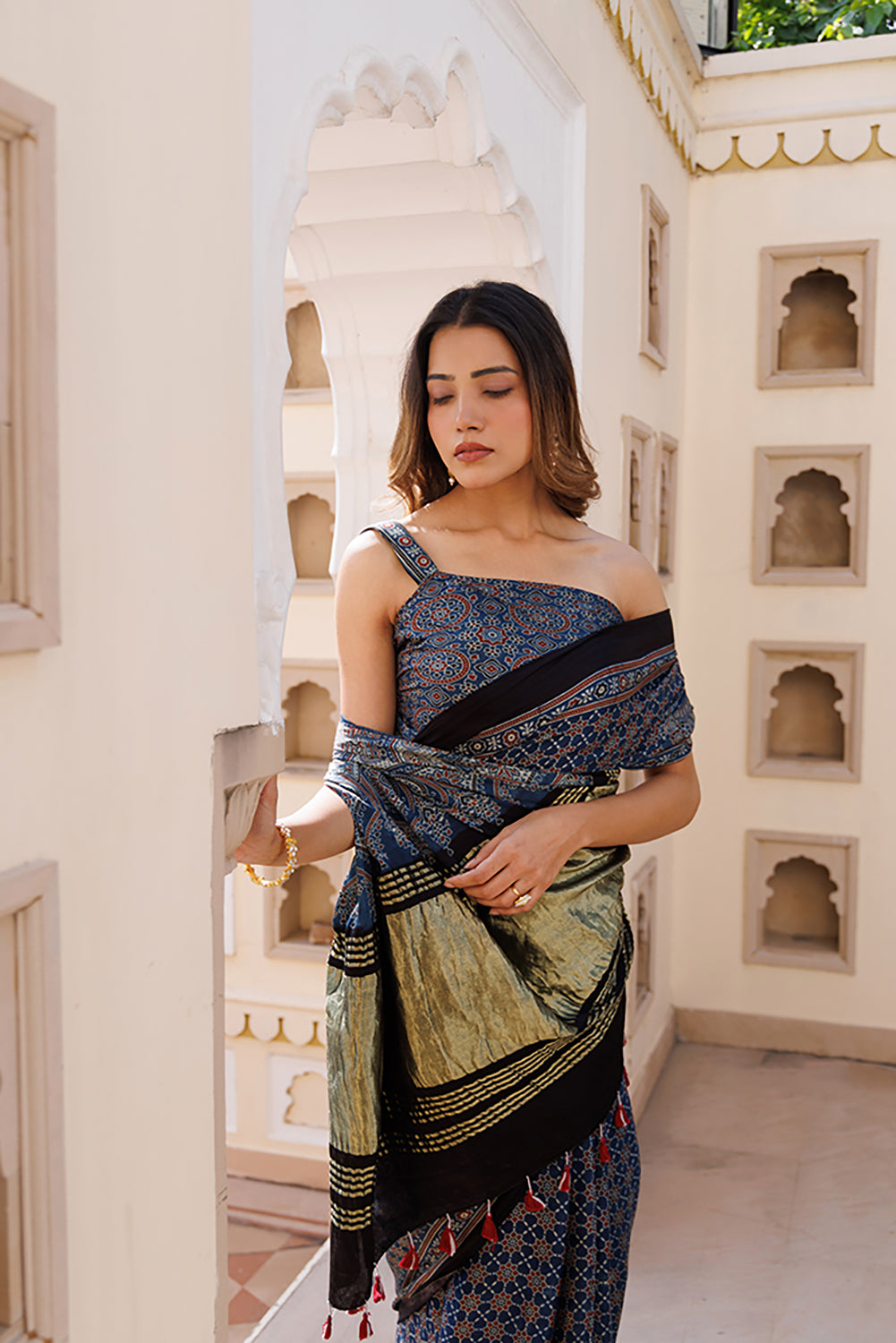 Modal Silk Saree Indigo with Hand-Block Ajrakh Print