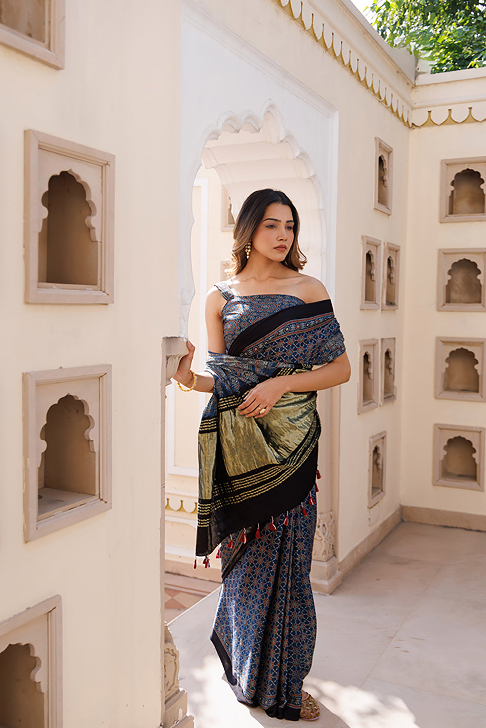 Modal Silk Saree Indigo with Hand-Block Ajrakh Print