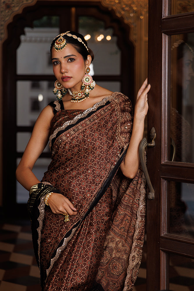 Brown Hand Block Printed Ajrakh Modal Silk Saree