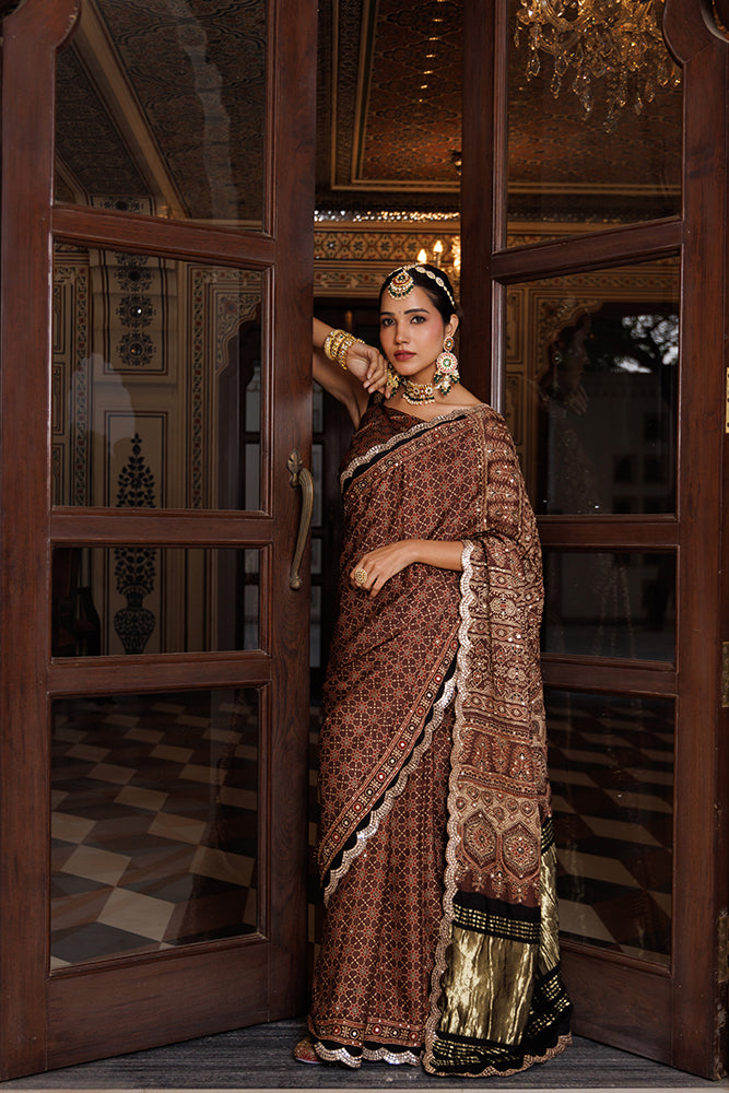 Brown Hand Block Printed Ajrakh Modal Silk Saree