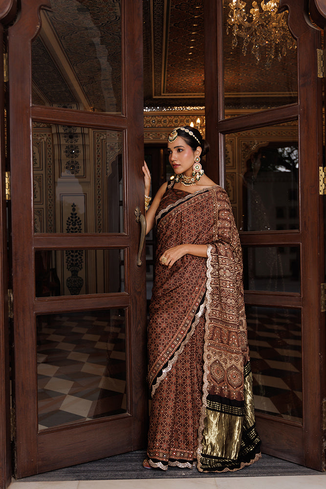 Brown Hand Block Printed Ajrakh Modal Silk Saree