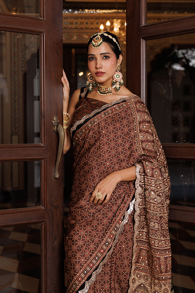 Brown Hand Block Printed Ajrakh Modal Silk Saree