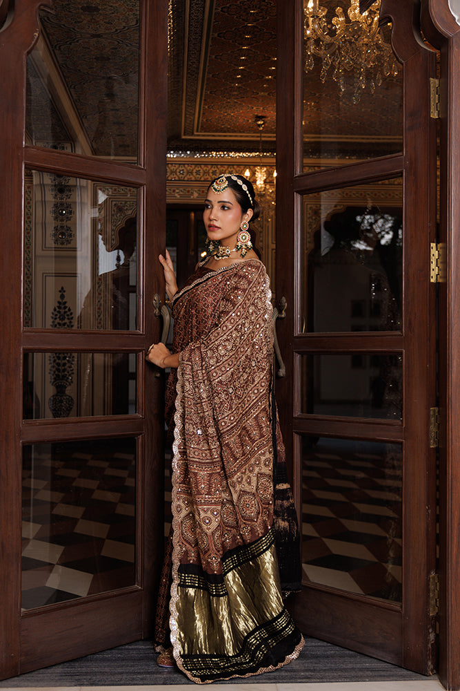 Brown Hand Block Printed Ajrakh Modal Silk Saree