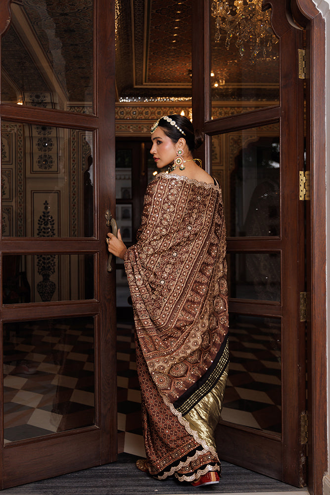 Brown Hand Block Printed Ajrakh Modal Silk Saree