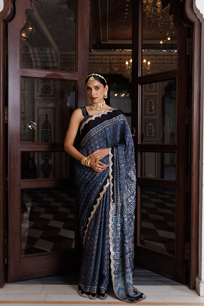 Indigo Ajrakh Hand-Block Printed Modal Silk Saree