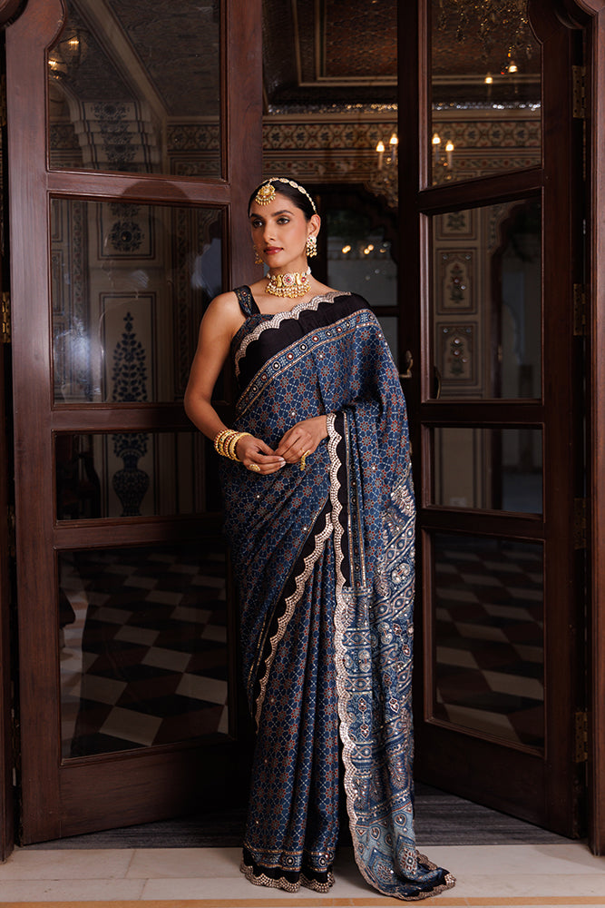 Indigo Ajrakh Hand-Block Printed Modal Silk Saree