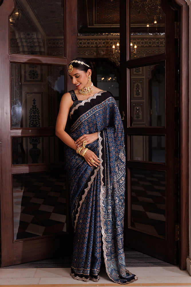 Indigo Ajrakh Hand-Block Printed Modal Silk Saree
