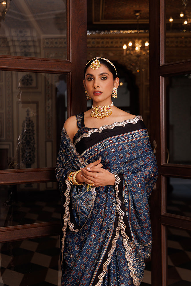 Indigo Ajrakh Hand-Block Printed Modal Silk Saree