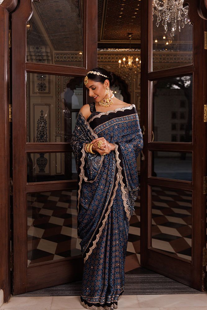 Indigo Ajrakh Hand-Block Printed Modal Silk Saree