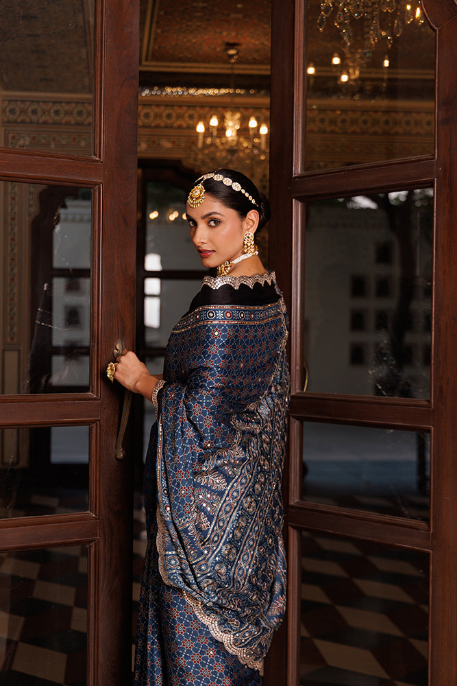 Indigo Ajrakh Hand-Block Printed Modal Silk Saree