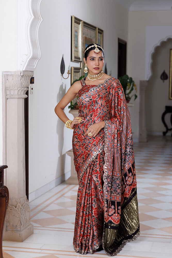Maroon Ajrakh Hand-Block Printed Modal Silk Saree With Sequins Work