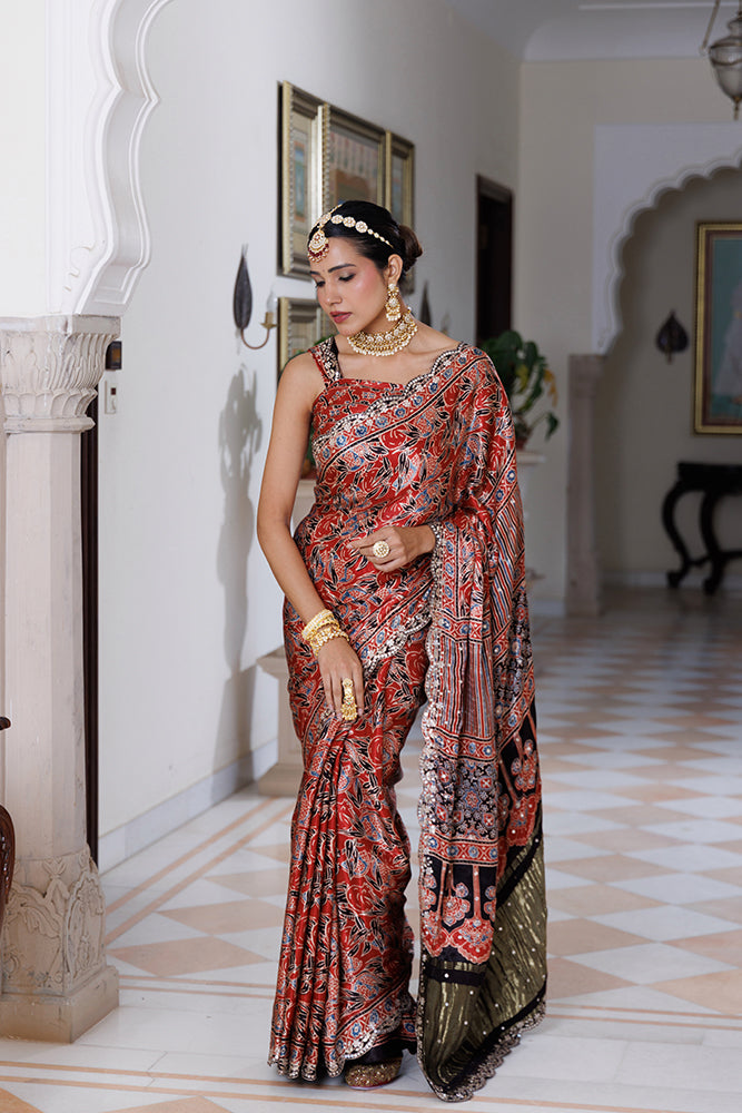 Maroon Ajrakh Hand-Block Printed Modal Silk Saree With Sequins Work