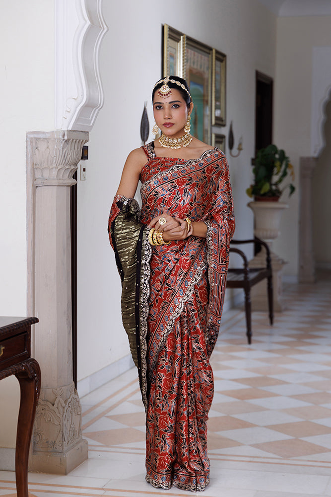 Maroon Ajrakh Hand-Block Printed Modal Silk Saree With Sequins Work