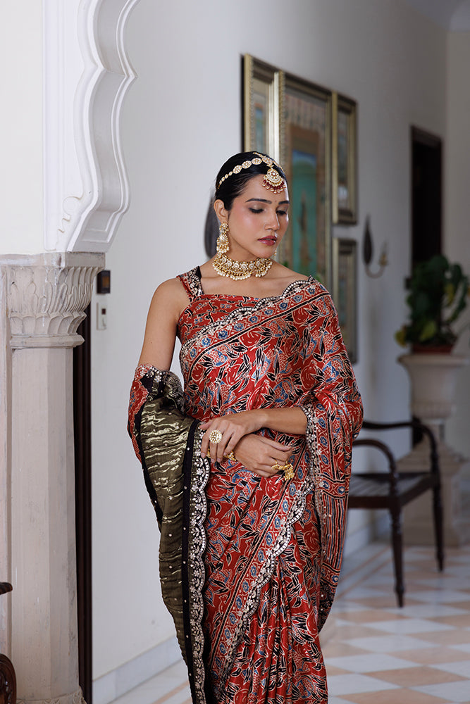 Maroon Ajrakh Hand-Block Printed Modal Silk Saree With Sequins Work