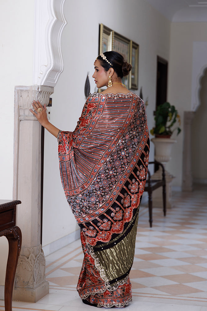 Maroon Ajrakh Hand-Block Printed Modal Silk Saree With Sequins Work