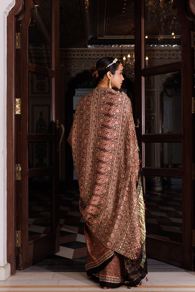 Maroon & Black Modal Silk Hand-Block Printed Ajrakh Saree With Aari & Sequins Work