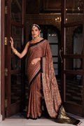 Maroon & Black Modal Silk Hand-Block Printed Ajrakh Saree With Aari & Sequins Work