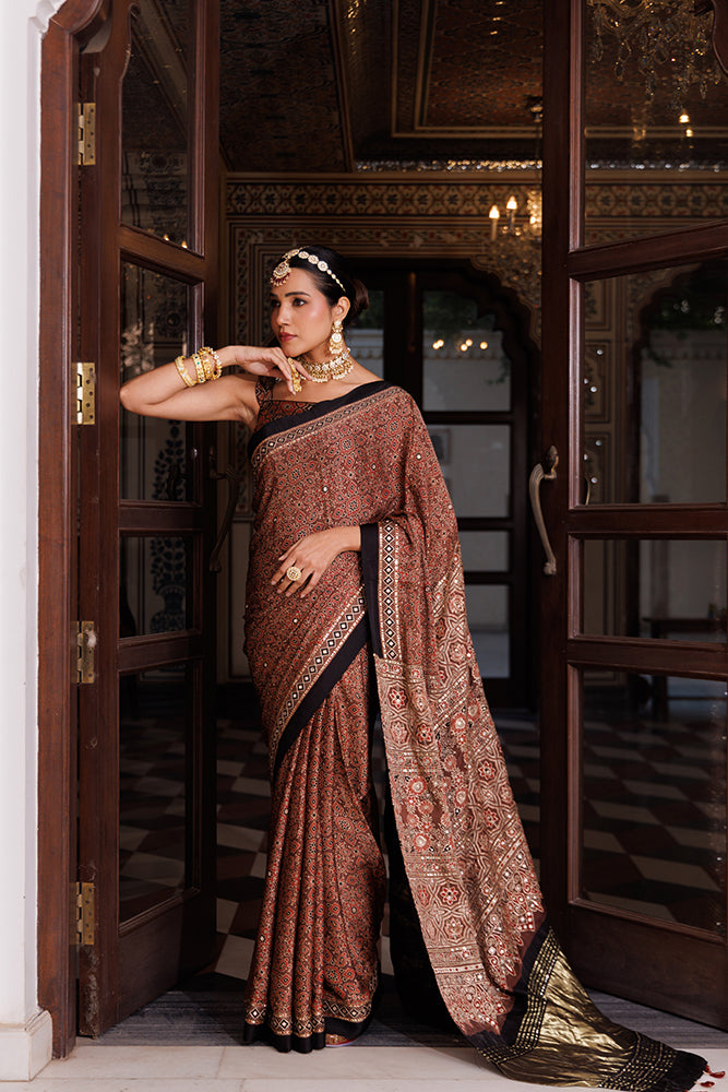 Maroon & Black Modal Silk Hand-Block Printed Ajrakh Saree With Aari & Sequins Work
