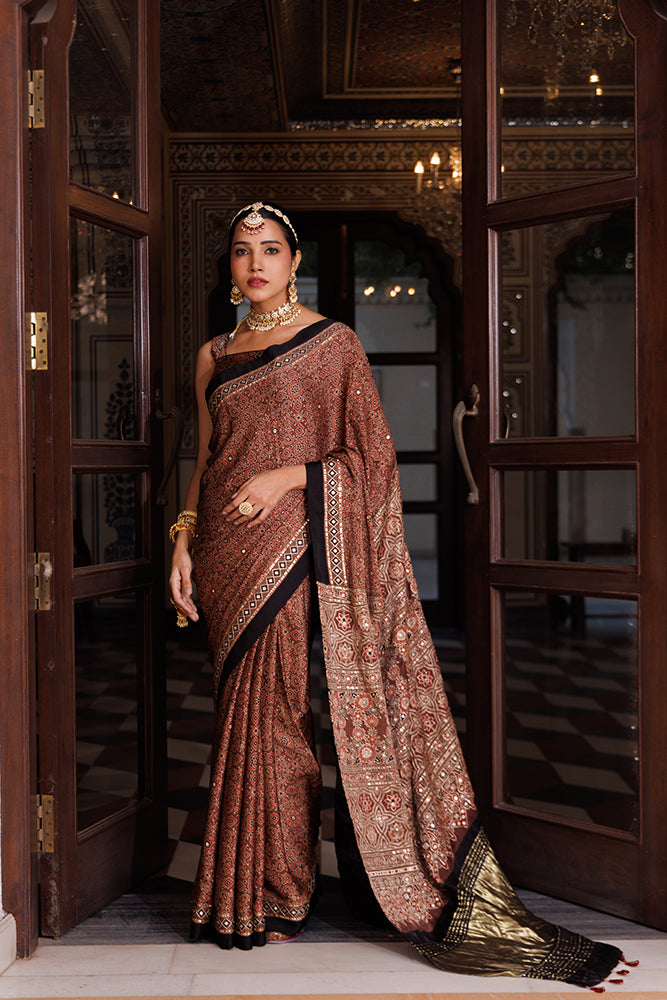 Maroon & Black Modal Silk Hand-Block Printed Ajrakh Saree With Aari & Sequins Work