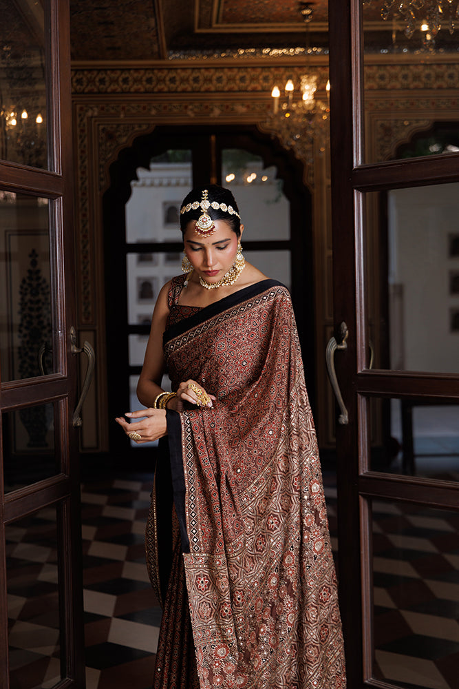 Maroon & Black Modal Silk Hand-Block Printed Ajrakh Saree With Aari & Sequins Work