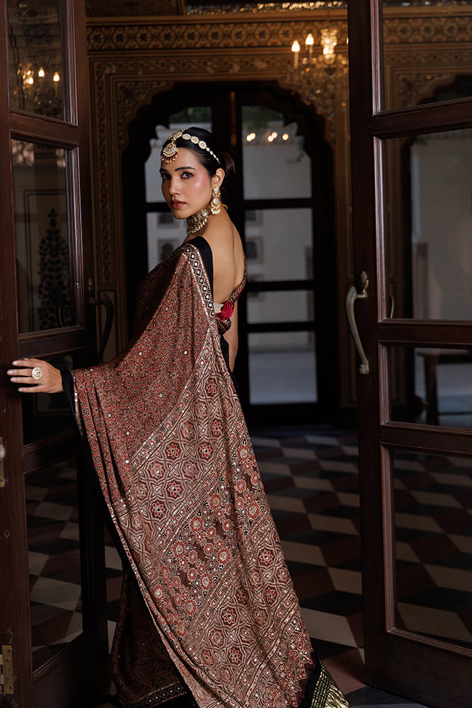 Maroon & Black Modal Silk Hand-Block Printed Ajrakh Saree With Aari & Sequins Work