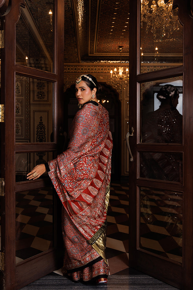 Maroon Ajrakh Hand Block Printed Modal Silk Saree With Aari & Sequins