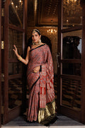 Maroon Ajrakh Hand Block Printed Modal Silk Saree With Aari & Sequins