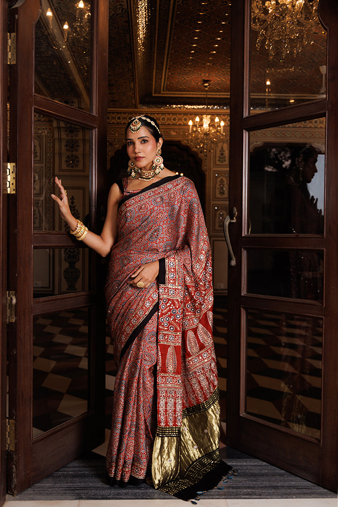 Maroon Ajrakh Hand Block Printed Modal Silk Saree With Aari & Sequins
