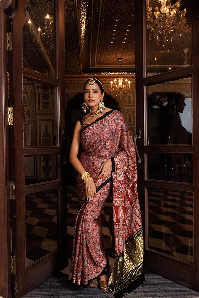 Maroon Ajrakh Hand Block Printed Modal Silk Saree With Aari & Sequins