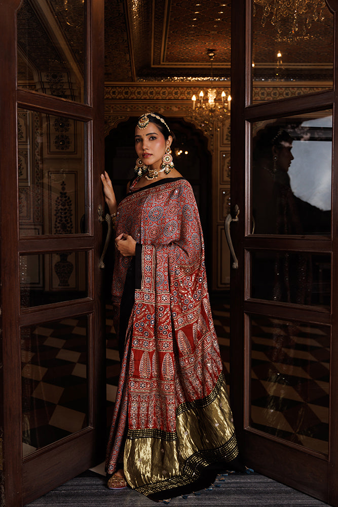 Maroon Ajrakh Hand Block Printed Modal Silk Saree With Aari & Sequins