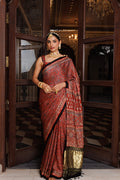 Maroon Ajrakh Modal Silk Saree Embellished With Aari & Sequins