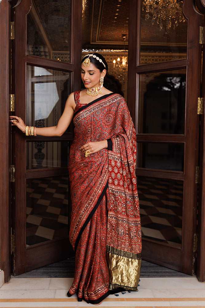 Maroon Ajrakh Modal Silk Saree Embellished With Aari & Sequins