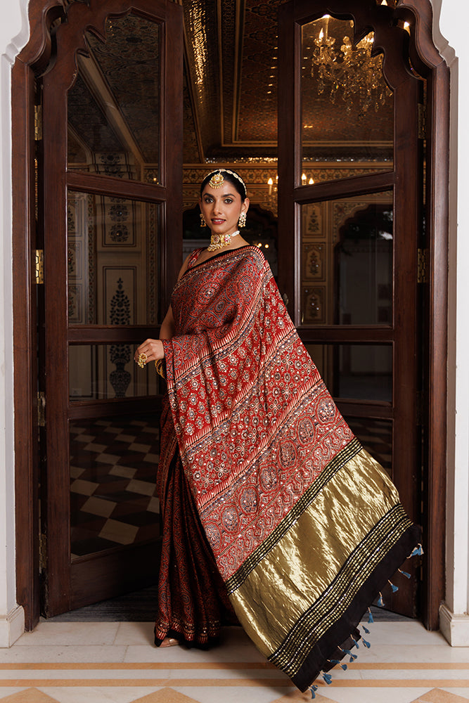 Maroon Ajrakh Modal Silk Saree Embellished With Aari & Sequins