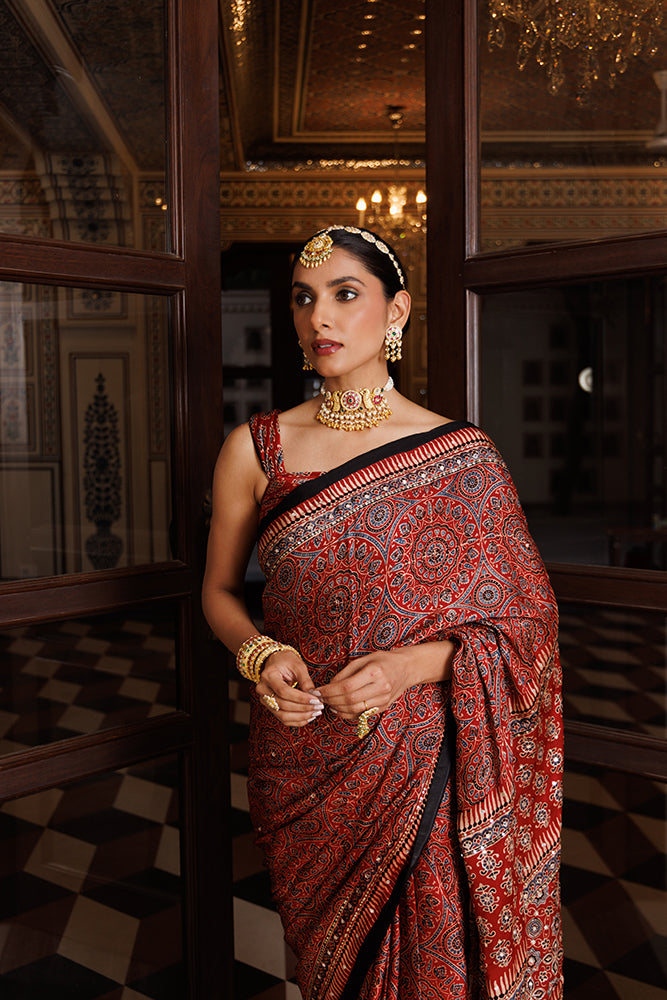 Maroon Ajrakh Modal Silk Saree Embellished With Aari & Sequins