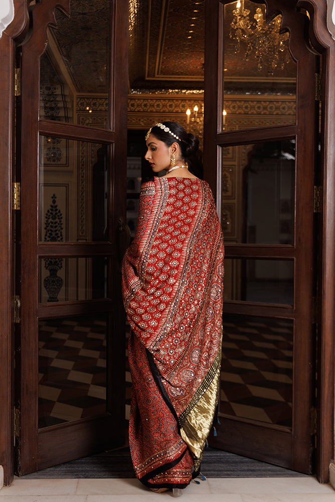 Maroon Ajrakh Modal Silk Saree Embellished With Aari & Sequins