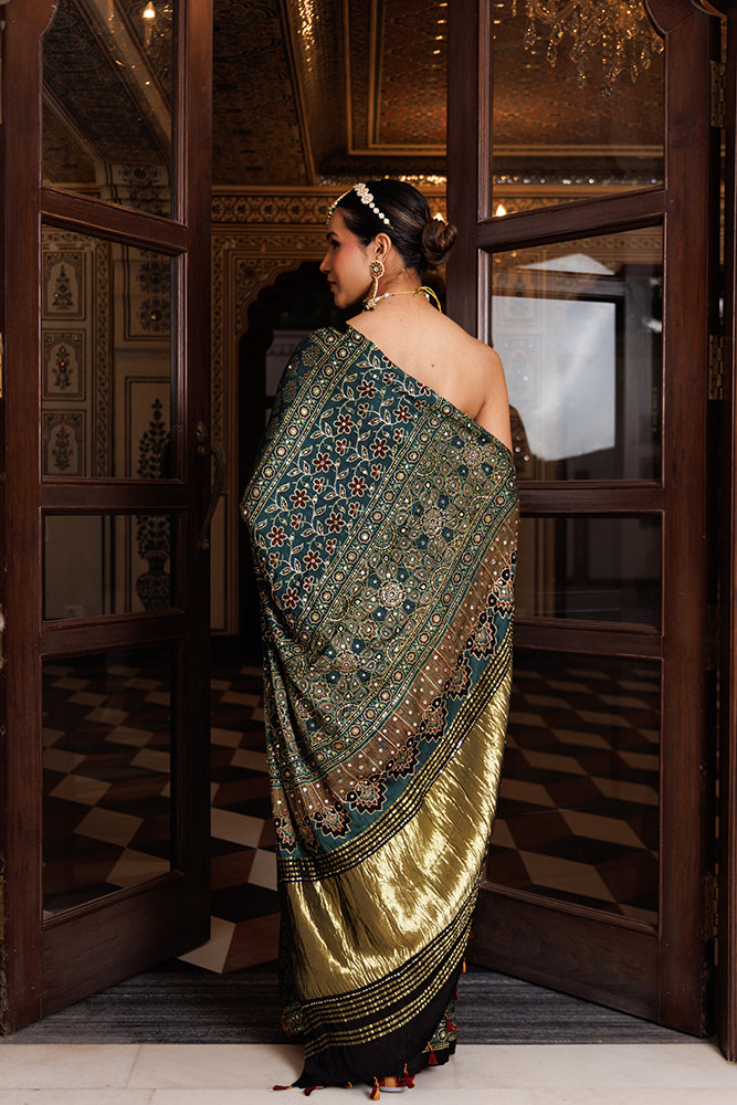 Green Ajrakh Hand-Block Printed Modal Silk Saree With Aari & Sequins Work
