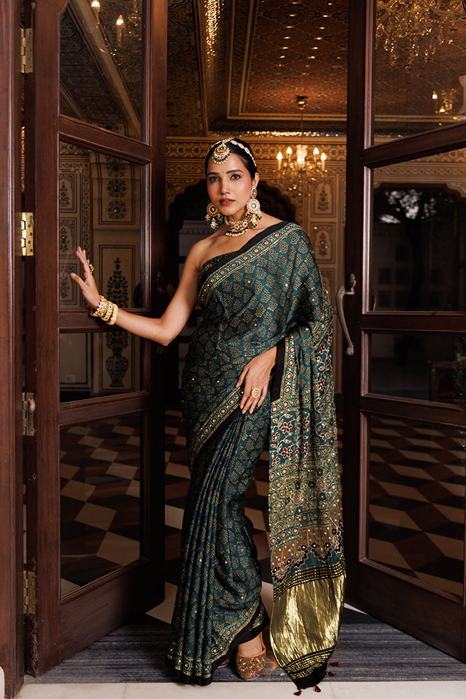 Green Ajrakh Hand-Block Printed Modal Silk Saree With Aari & Sequins Work