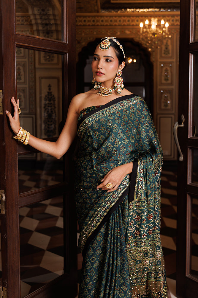 Green Ajrakh Hand-Block Printed Modal Silk Saree With Aari & Sequins Work
