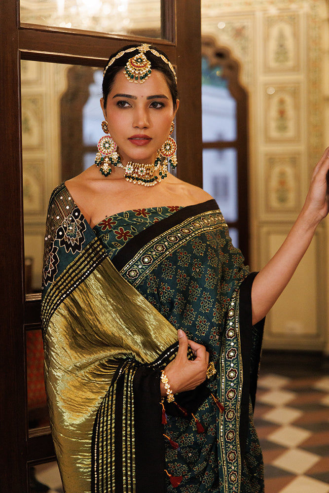 Green Ajrakh Hand-Block Printed Modal Silk Saree With Aari & Sequins Work