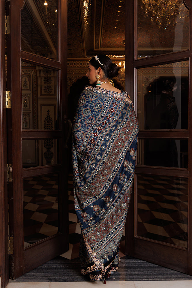 Indigo Hand-Block & Ajrakh Print Zardozi Work Modal Silk Saree