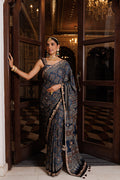 Indigo Hand-Block & Ajrakh Print Zardozi Work Modal Silk Saree