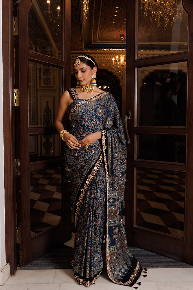 Indigo Hand-Block & Ajrakh Print Zardozi Work Modal Silk Saree