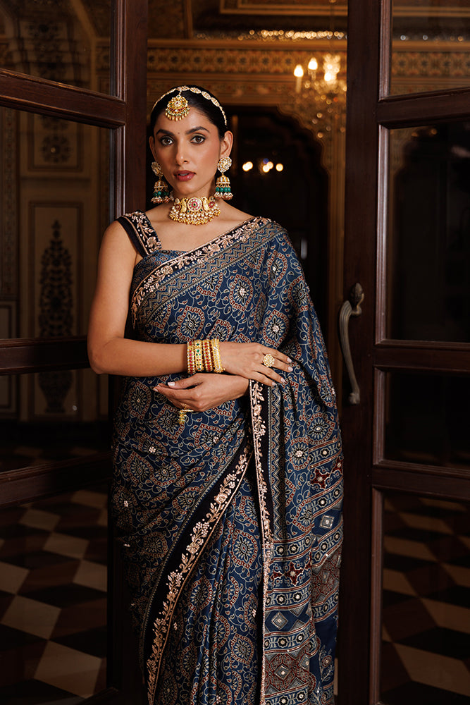Indigo Hand-Block & Ajrakh Print Zardozi Work Modal Silk Saree