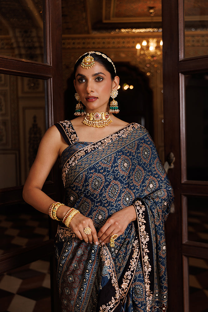 Indigo Hand-Block & Ajrakh Print Zardozi Work Modal Silk Saree