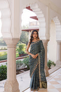 Handcrafted Indigo Ajrakh Modal Silk Saree With Zardozi Work