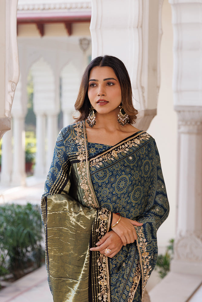 Handcrafted Indigo Ajrakh Modal Silk Saree With Zardozi Work