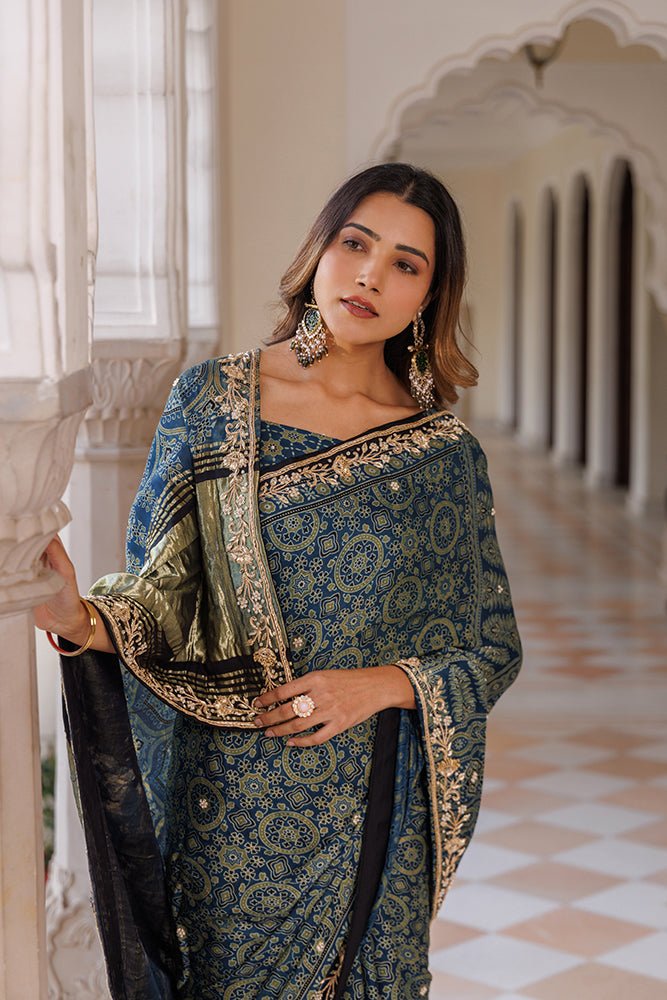 Handcrafted Indigo Ajrakh Modal Silk Saree With Zardozi Work