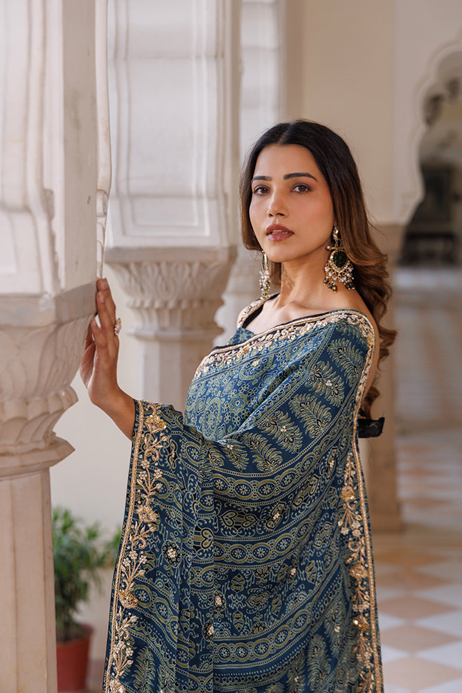 Handcrafted Indigo Ajrakh Modal Silk Saree With Zardozi Work