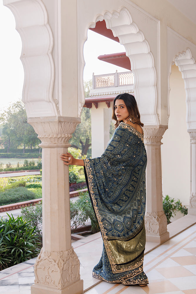 Handcrafted Indigo Ajrakh Modal Silk Saree With Zardozi Work